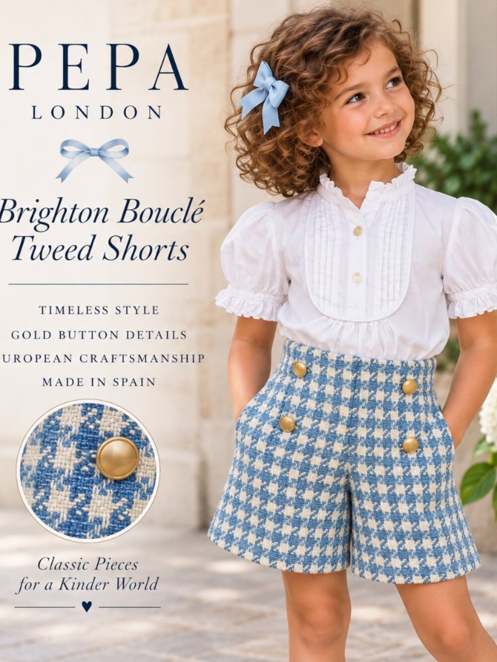 Pepa London Girls Brighton Bouclé Tweed Shorts 6Y | Blue | Gold Buttons